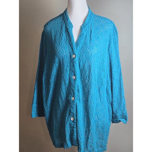 Ruby Rd Favorites Women's Blue Lace Button Up 3/4 Sleeve Shirt Top Size 20W Plus - Picture 2 of 6